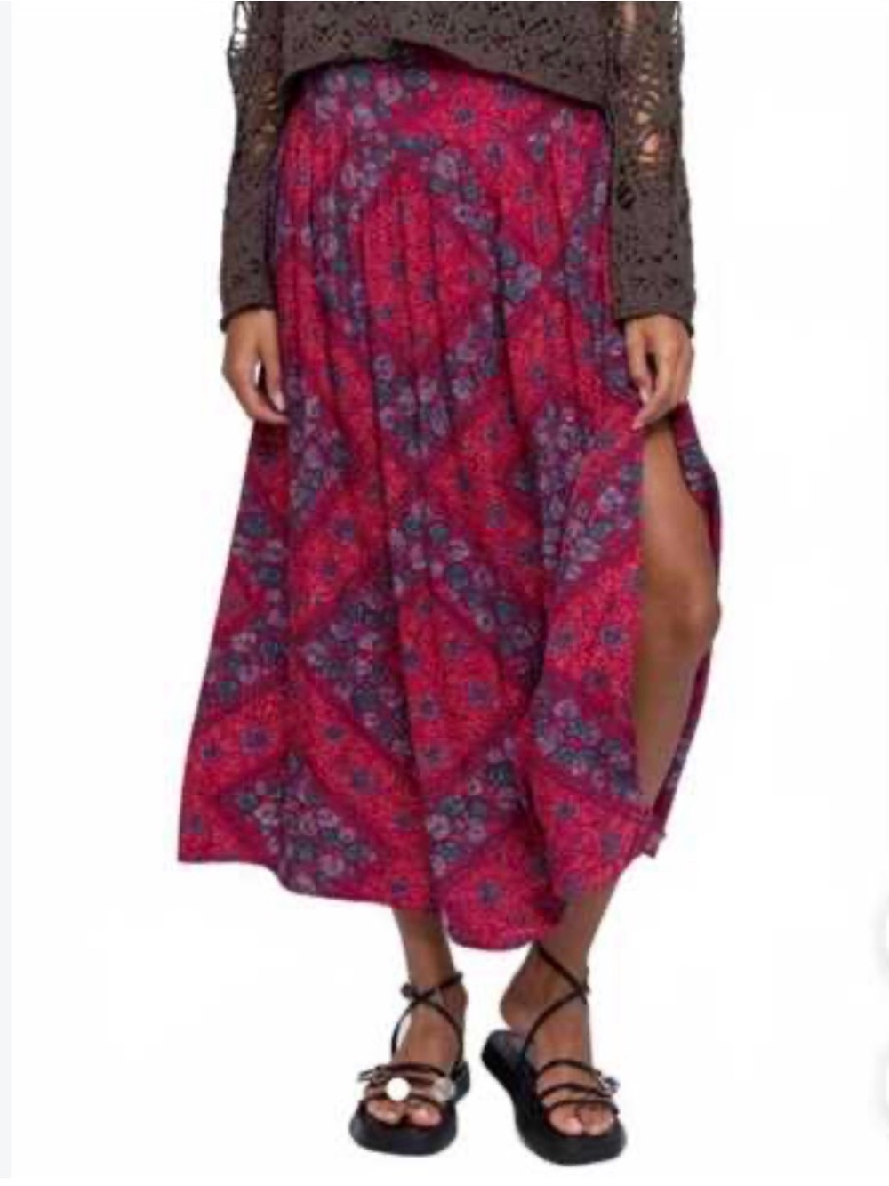 Natural Life Pull on Midi Skirt - Raspberry/Dark Teal - Large